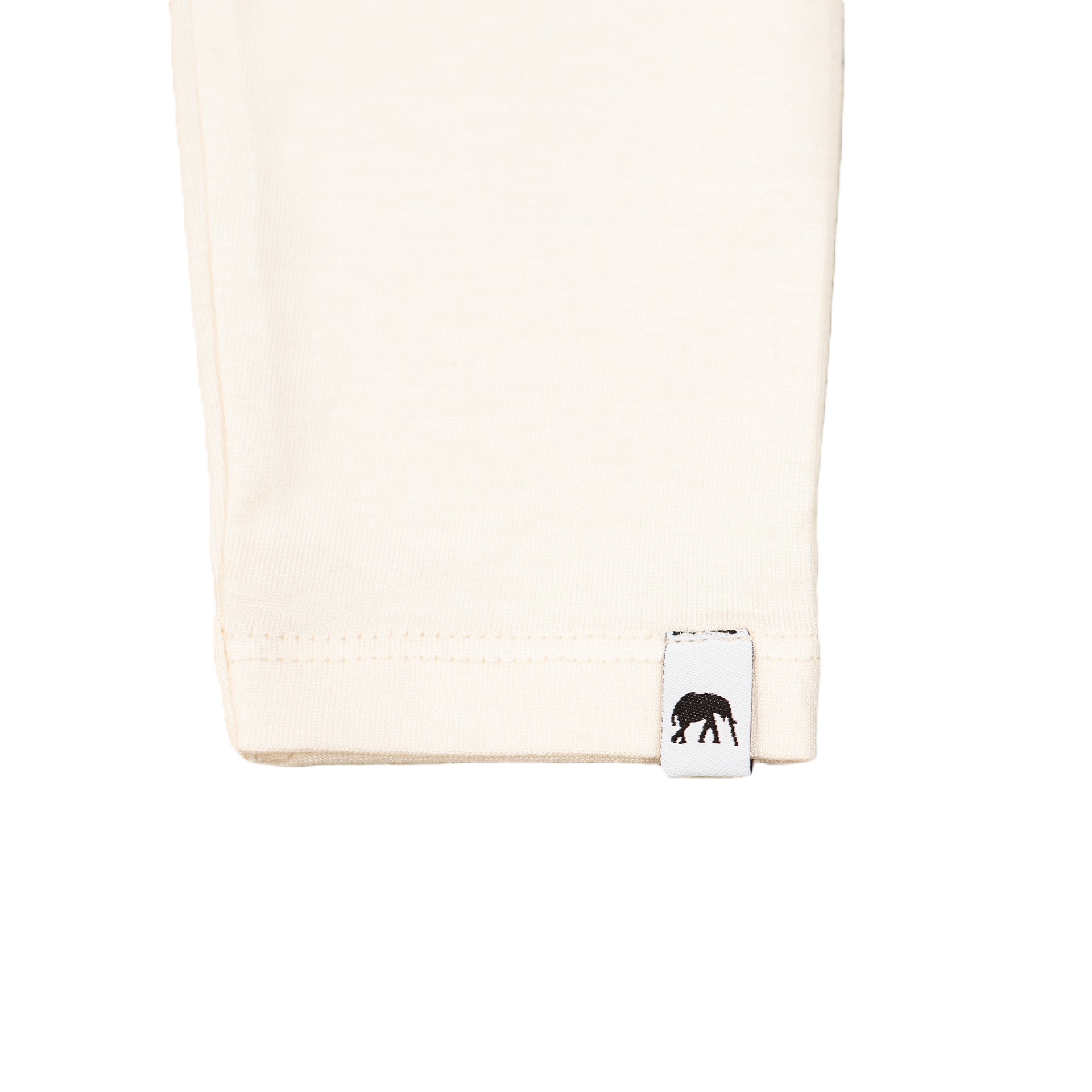 Beige towel with a small black logo on a white background