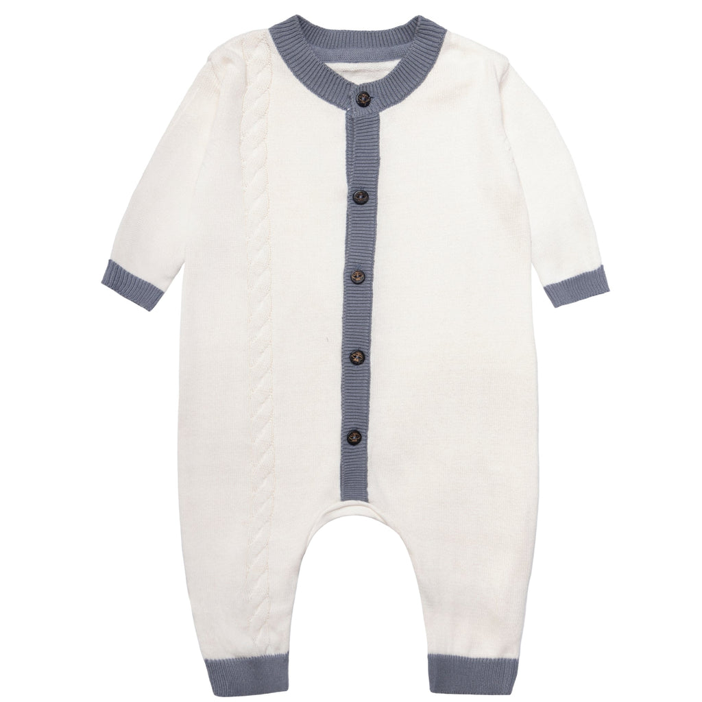 Cotton romper with grey trim- and brown buttons on a white back ground 
