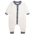 Cotton romper with grey trim- and brown buttons on a white back ground 