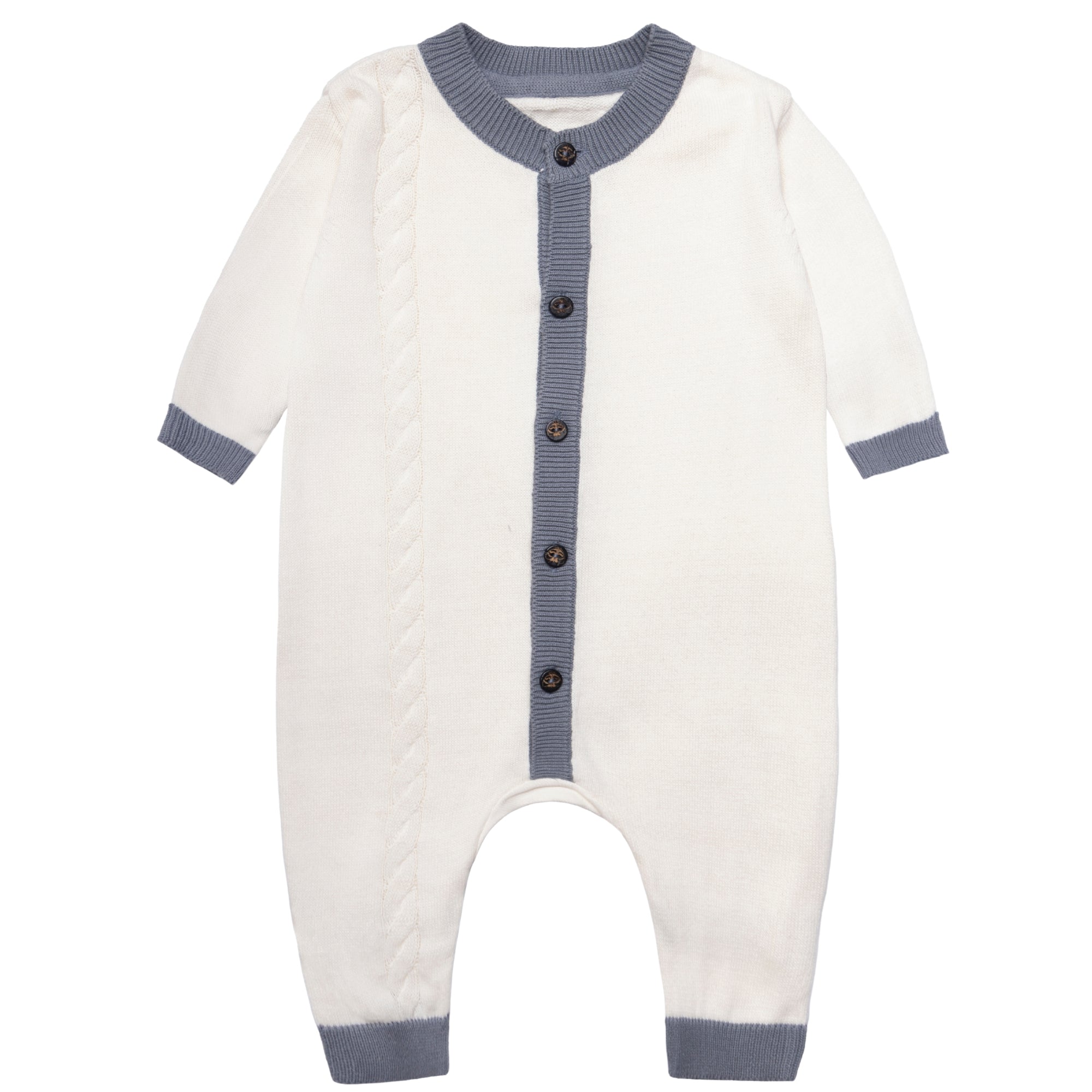 Cotton romper with grey trim- and brown buttons on a white back ground 