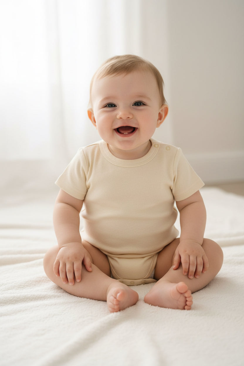 A short-sleeve baby bodysuit in a light cream or beige color, featuring a crew neck with two snap buttons on the shoulder, photographed flat against a solid white background.